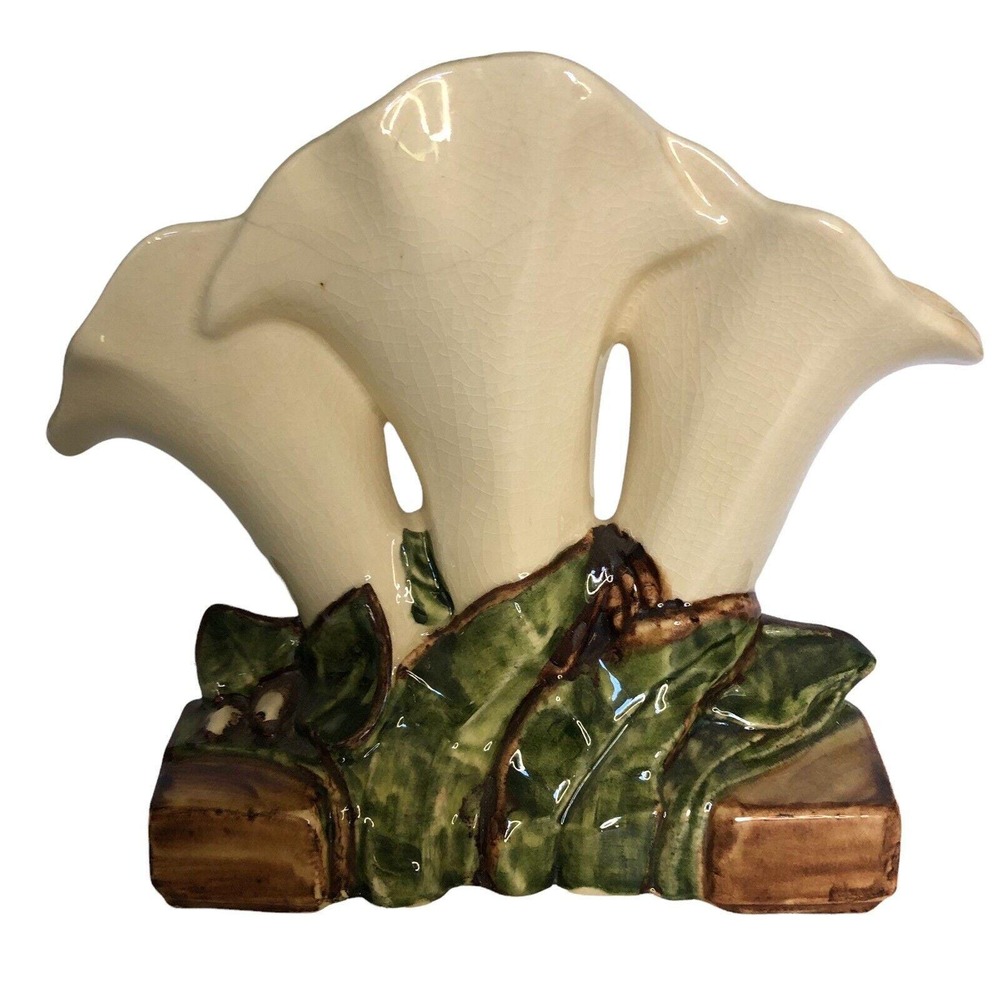 McCOY Pottery Vintage 1940's Triple Calla Lily Vase Green & White Shiny Glaze